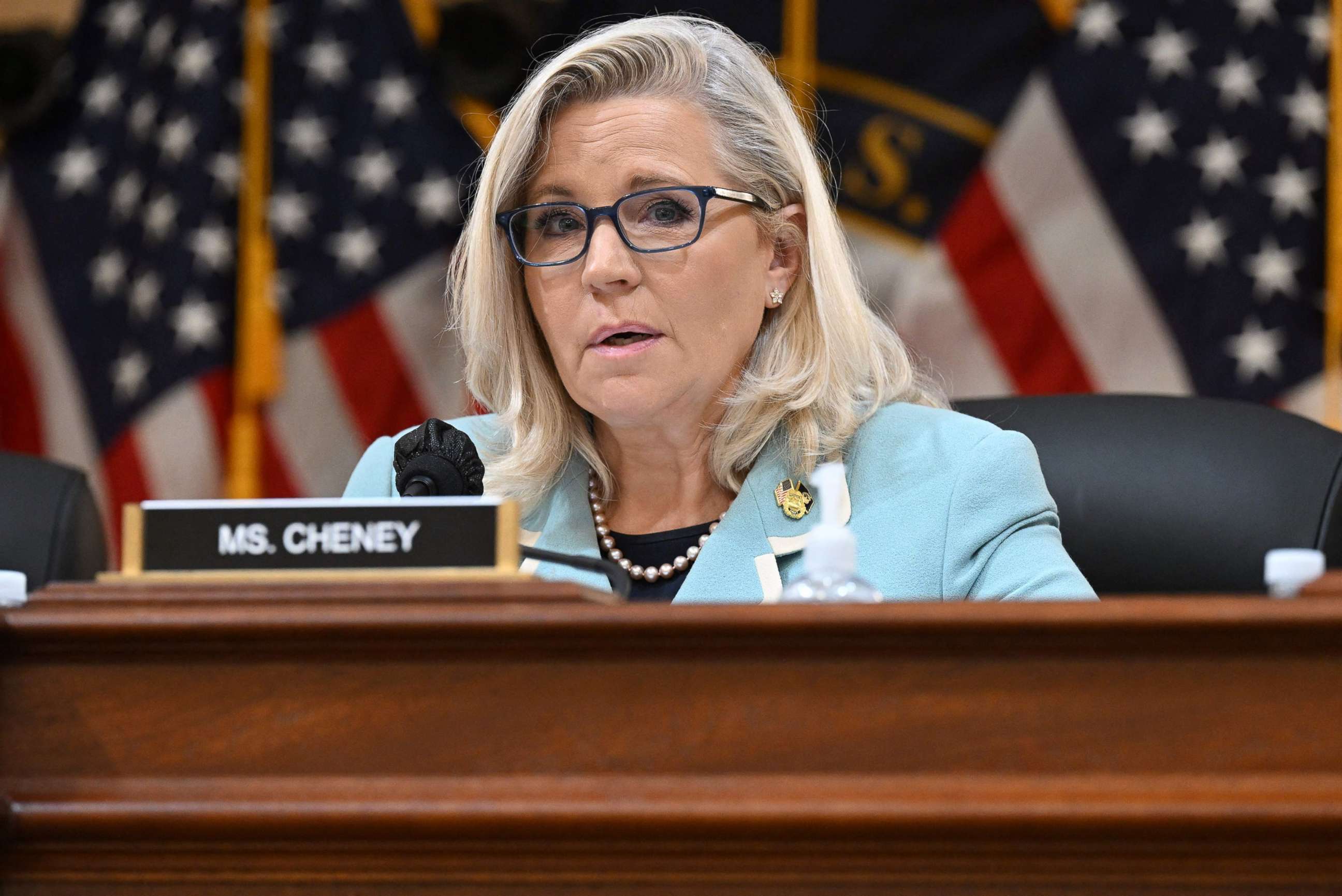 PHOTO: Vice Chairwoman Rep. Liz Cheney speaks during a hearing by the Select Committee to Investigate the January 6th Attack on the US Capitol, on June 13, 2022 in Washington, D.C.