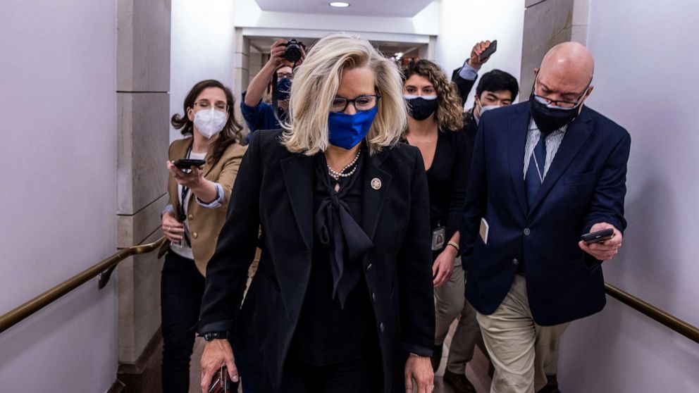 PHOTO: Rep. Liz Cheney, R-Wyo., heads to the House floor to vote at the U.S. Capitol on Feb. 3, 2021 in Washington, D.C.