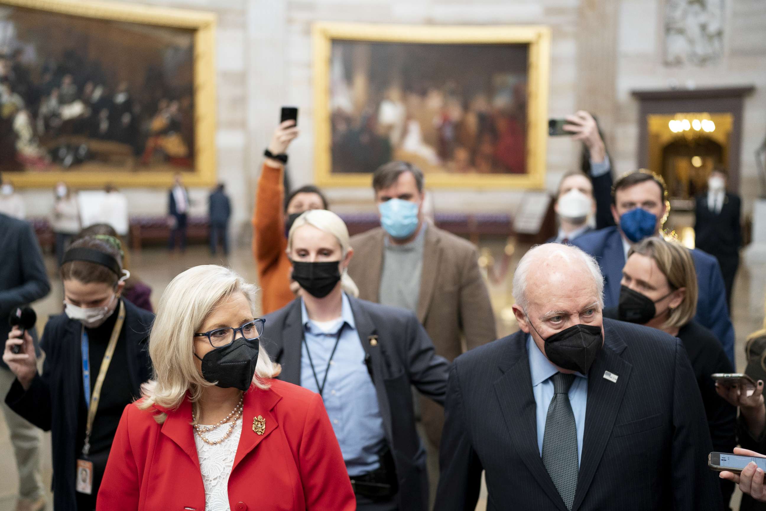 PHOTO: Rep. Liz Cheney, left, and former Vice President Dick Cheney walk through the Rotunda on the first anniversary of the deadly insurrection at the U.S. Capitol in Washington, D.C.,Jan. 6, 2022.