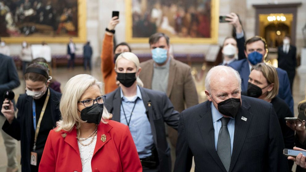 PHOTO: Rep. Liz Cheney, left, and former Vice President Dick Cheney walk through the Rotunda on the first anniversary of the deadly insurrection at the U.S. Capitol in Washington, D.C.,Jan. 6, 2022.