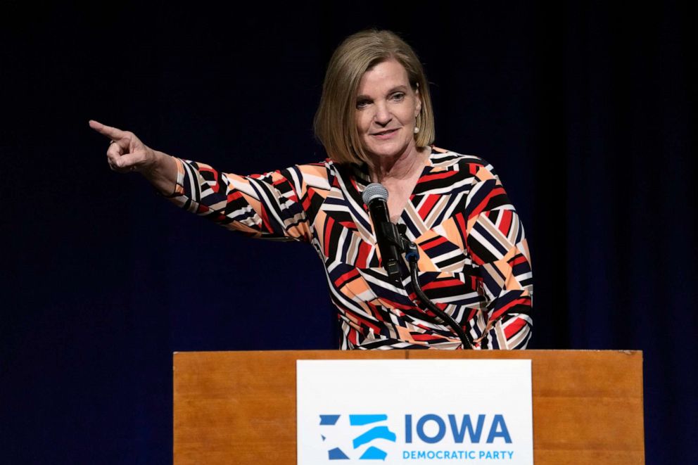 PHOTO: Iowa state Sen. Liz Mathis speaks during the Iowa Democratic Party's Liberty and Justice Celebration, April 30, 2022, in Des Moines, Iowa.