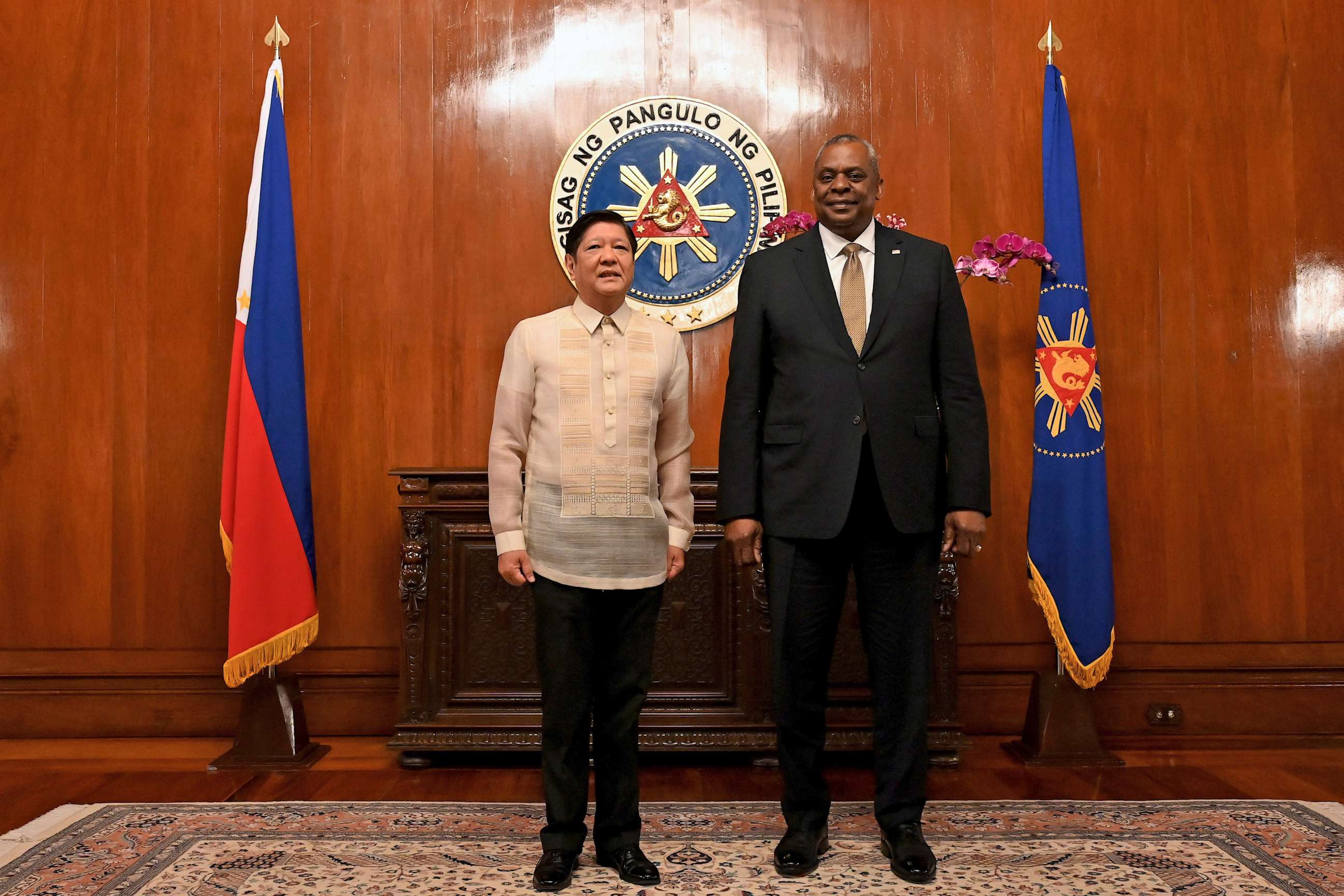 PHOTO: Secretary of Defense Lloyd James Austin III stands with Philippine President Ferdinand Marcos Jr. at the Malacanang Palace in Manila, Philippines, Feb. 2, 2023.