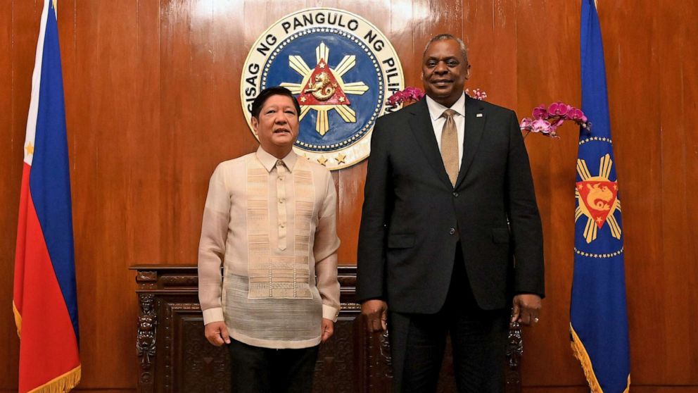 PHOTO: Secretary of Defense Lloyd James Austin III stands with Philippine President Ferdinand Marcos Jr. at the Malacanang Palace in Manila, Philippines, Feb. 2, 2023.