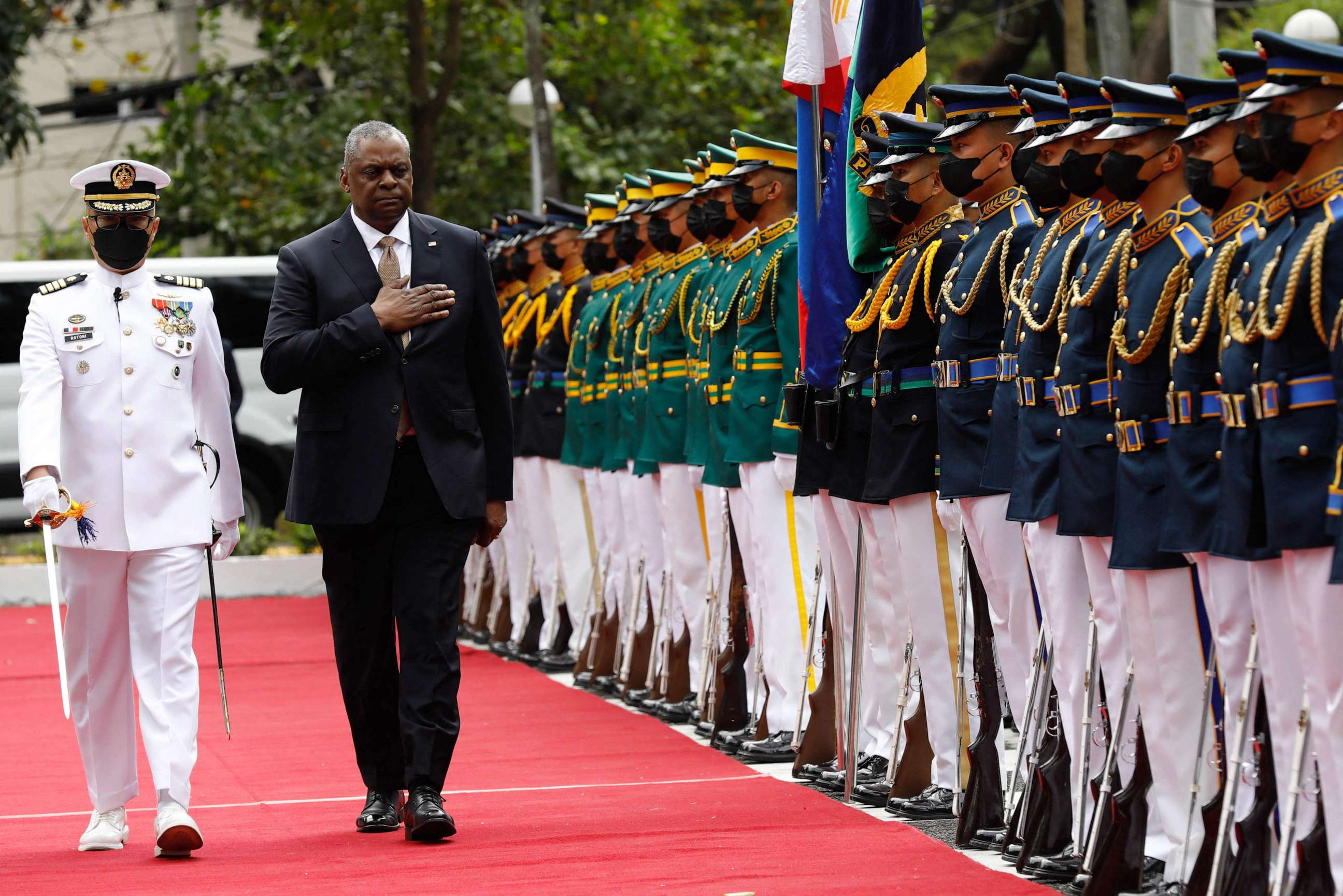 PHOTO: Defense Secretary Lloyd Austin reviews an honor guard upon arrival at the Department of National Defense at Camp Aguinaldo military camp in Quezon City, Manila, Philippines, Feb. 2, 2023.