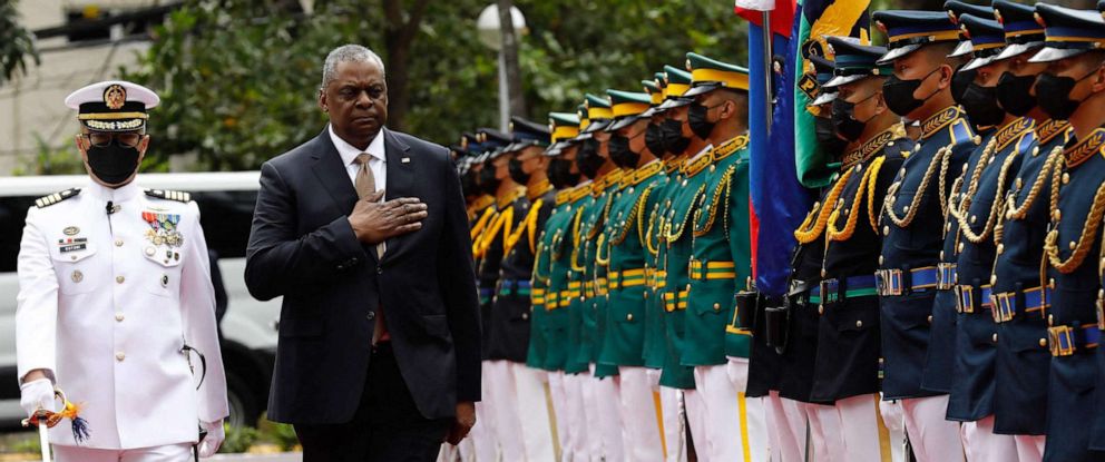 PHOTO: Defense Secretary Lloyd Austin reviews an honor guard upon arrival at the Department of National Defense at Camp Aguinaldo military camp in Quezon City, Manila, Philippines, Feb. 2, 2023.