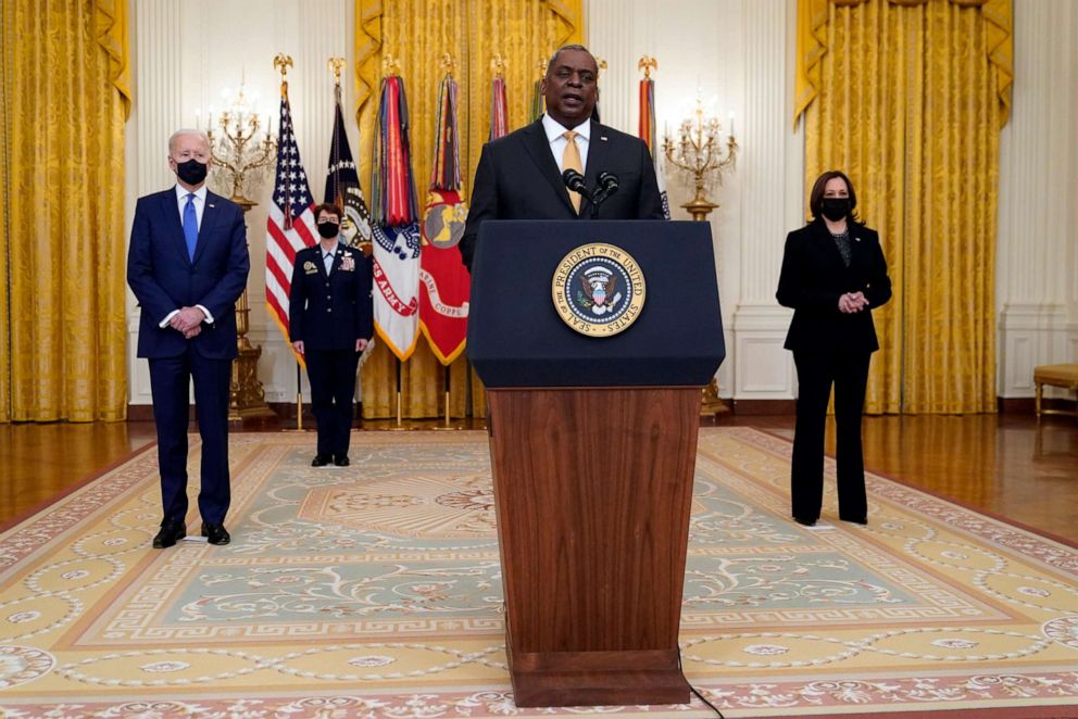 PHOTO: Defense Secretary Lloyd Austin speaks during an event with President Joe Biden and Vice President Kamala Harris to mark International Women's Day, March 8, 2021, in the East Room of the White House in Washington, D.C.