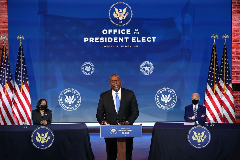 Retired Army Gen. Lloyd Austin speaks after U.S. President-elect Joe Biden and Vice President-elect Kamala Harris announced Austin as their choice to be secretary of the Department of Defense Dec. 9, 2020 in Wilmington, Delaware. 