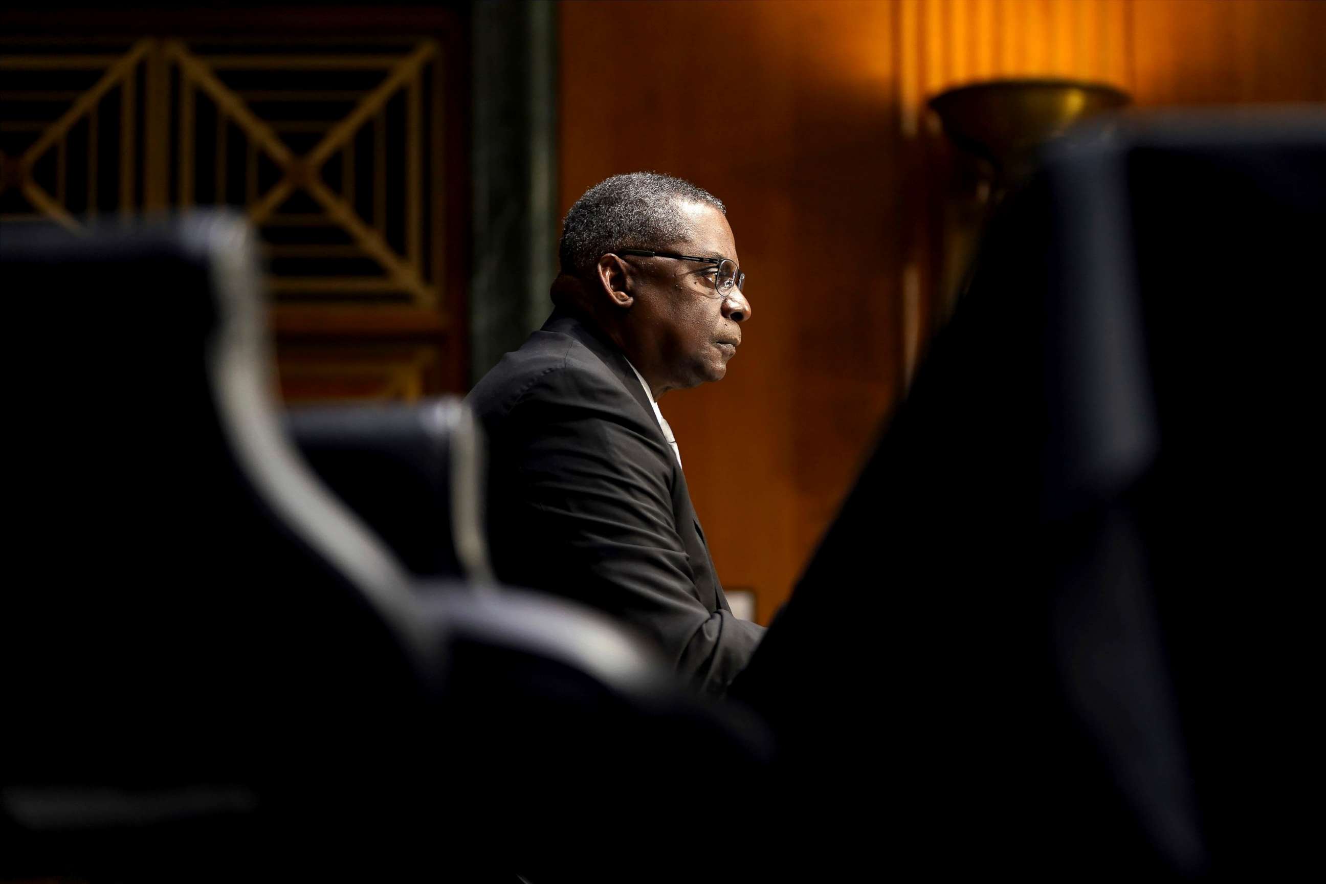 PHOTO: Secretary of Defense nominee Lloyd Austin listens during his conformation hearing before the Senate Armed Services Committee on Capitol Hill in Washington, Jan. 19, 2021.