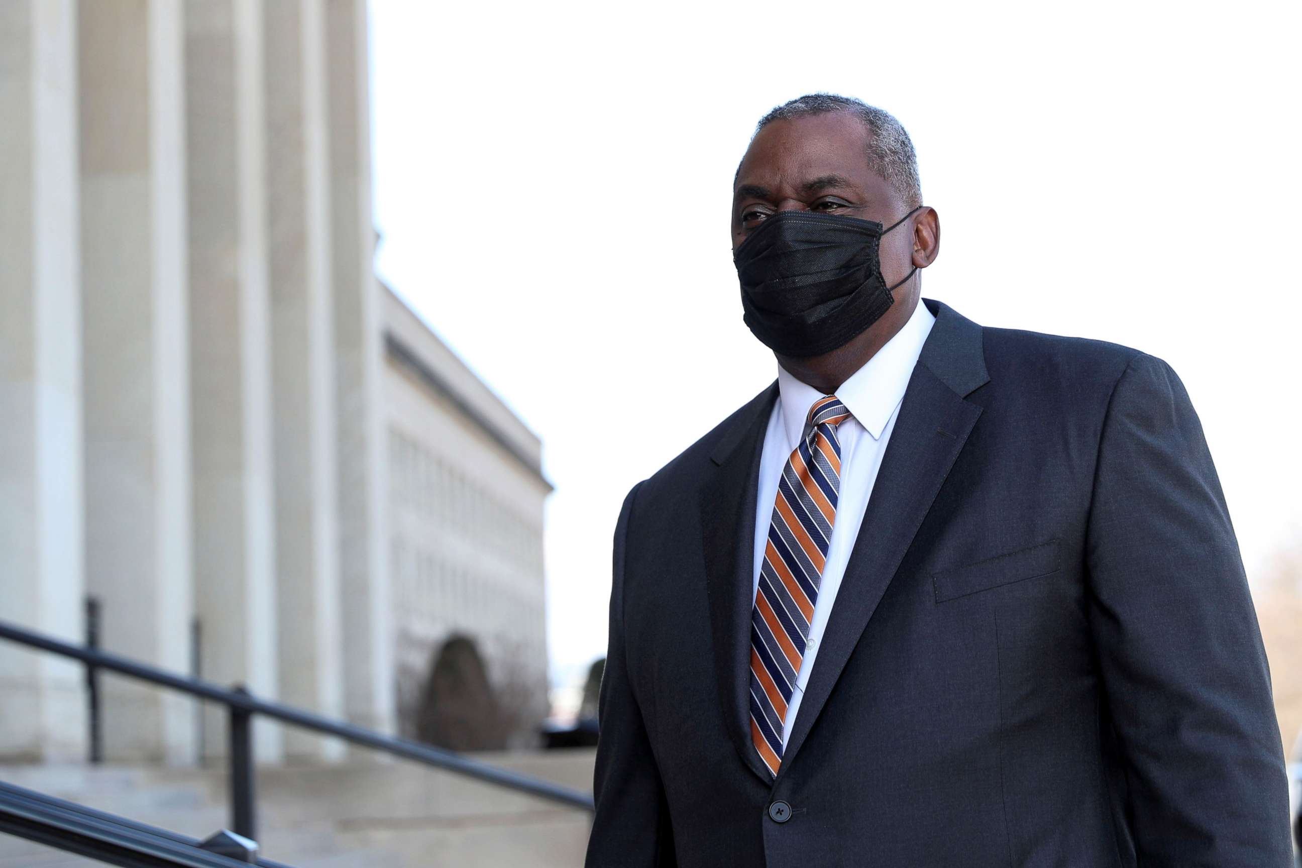 PHOTO: Newly confirmed Defense Secretary Lloyd Austin arrives to begin his first day in office at the Pentagon in Arlington, Virginia, Jan. 22, 2021.