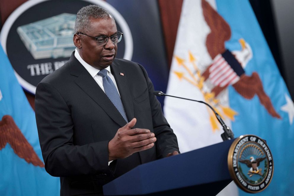 PHOTO: U.S. Secretary of Defense Lloyd Austin answers questions during a press briefing after participating in a virtual meeting of the Ukraine Defense Contact Group on July 18, 2023 at the Pentagon in Arlington, Va.