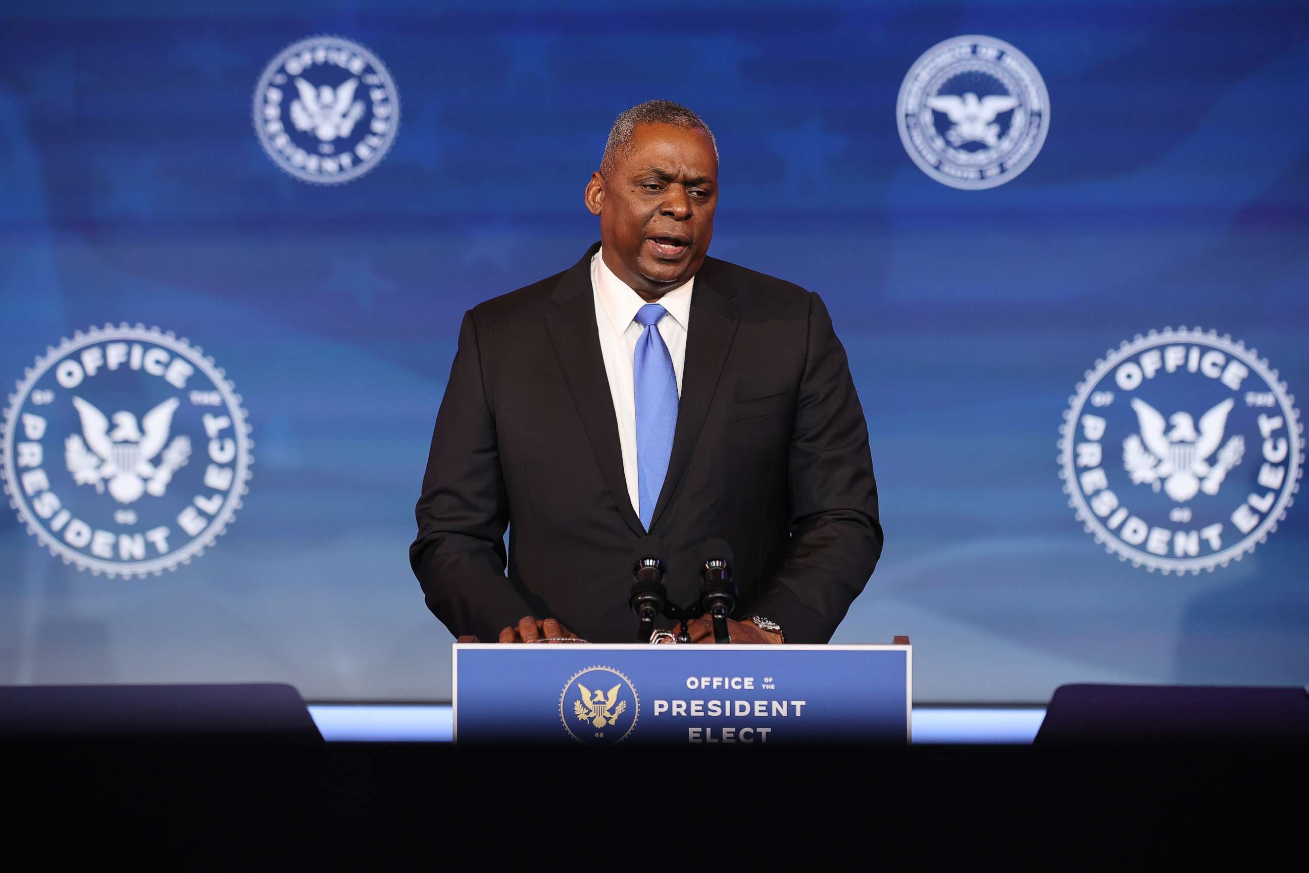 PHOTO: U.S. Army (retired) General Lloyd Austin speaks after being formally nominated to be Secretary of the Department of Defense by President-elect Joe Biden at the Queen Theatre, Dec. 9, 2020, in Wilmington, Delaware.