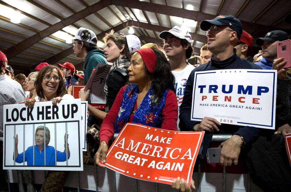 PHOTO: View of supporters with signs as they attend Donald Trump's campaign rally at the Loudoun Fairgrounds in Leesburg, Va., Nov. 7, 2016.