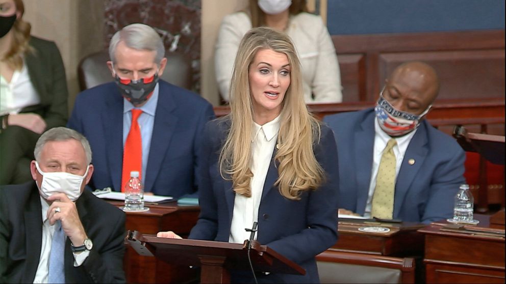 PHOTO: In this image from video, Sen. Kelly Loeffler, R-Ga., speaks as the Senate reconvenes after protesters stormed the Capitol, Jan. 6, 2021.