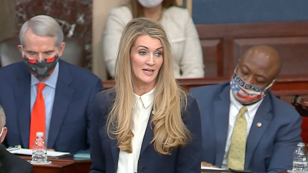 PHOTO: In this image from video, Sen. Kelly Loeffler, R-Ga., speaks as the Senate reconvenes after protesters stormed the Capitol, Jan. 6, 2021.