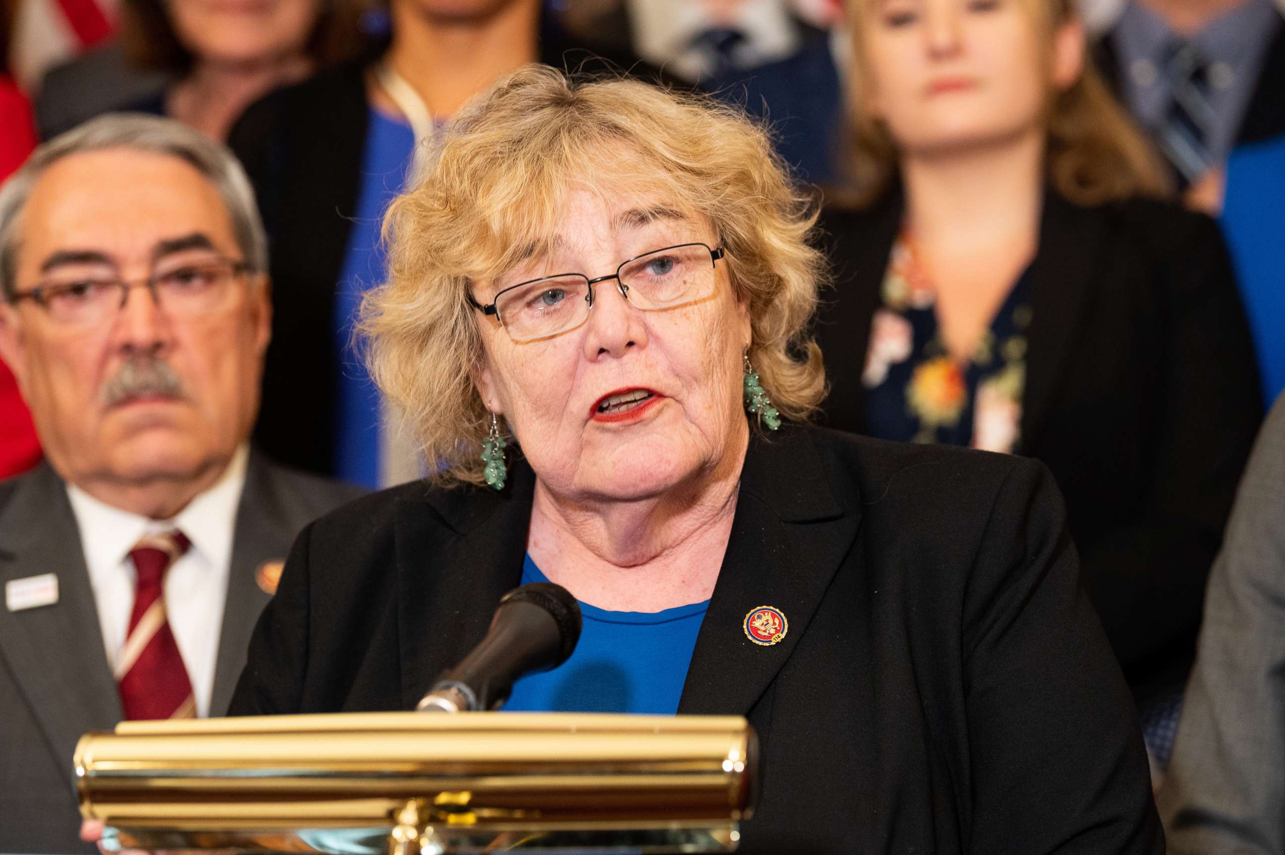 PHOTO: U.S.Representative Zoe Lofgren speaks during an event in support of the House vote on the SAFE Act, at the US Capitol in Washington, DC.