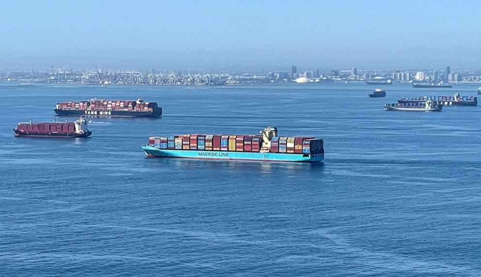 PHOTO: Container ships wait off the coast of the congested Ports of Los Angeles and Long Beach in Long Beach, Calif., Oct. 1, 2021.