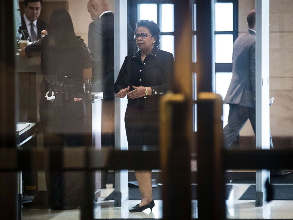 PHOTO: Former Attorney General Loretta Lynch arrives at the U.S. Capitol on her way to meet with members of the House Intelligence Committee, Oct. 20, 2017 in Washington, D.C.