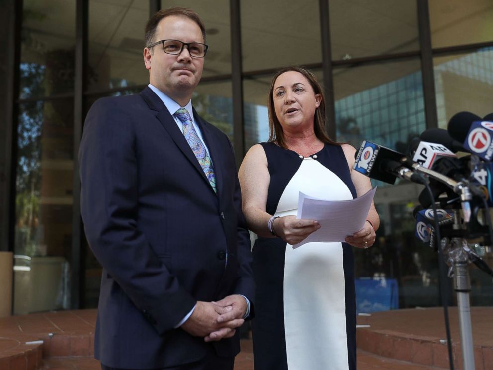 PHOTO: Ryan Petty and Lori Alhadeff speak to the media after turning in their paperwork to run for the Broward County School Board, May 15, 2018, in Fort Lauderdale, Fla.