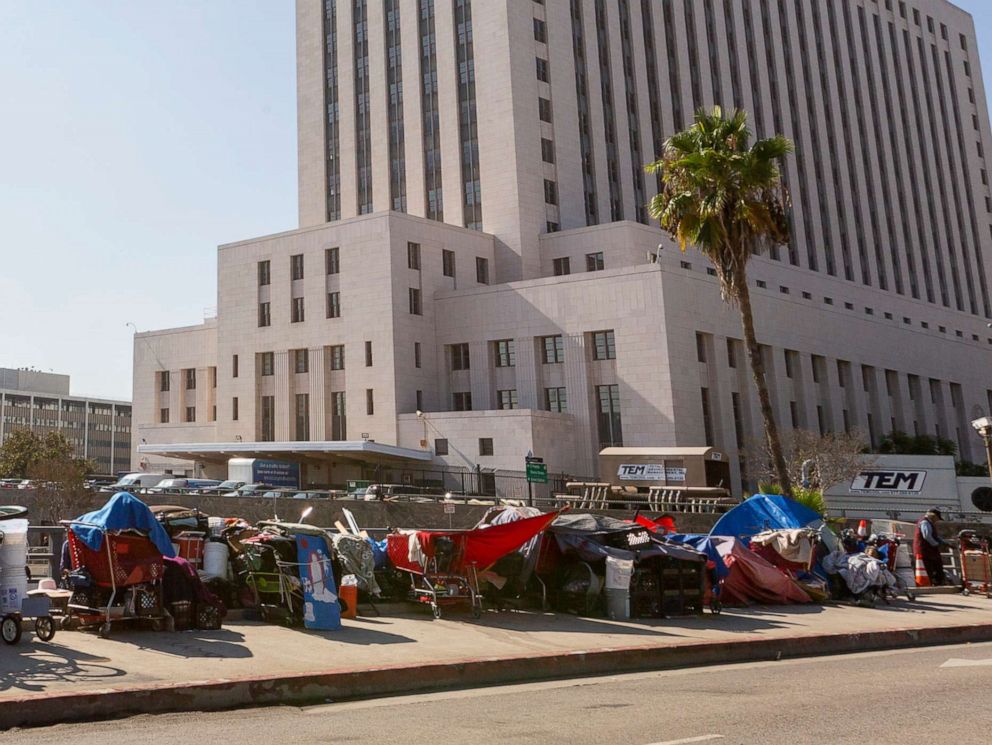 PHOTO: Homeless camp in tents in downtown Los Angeles, Sept. 17, 2019.