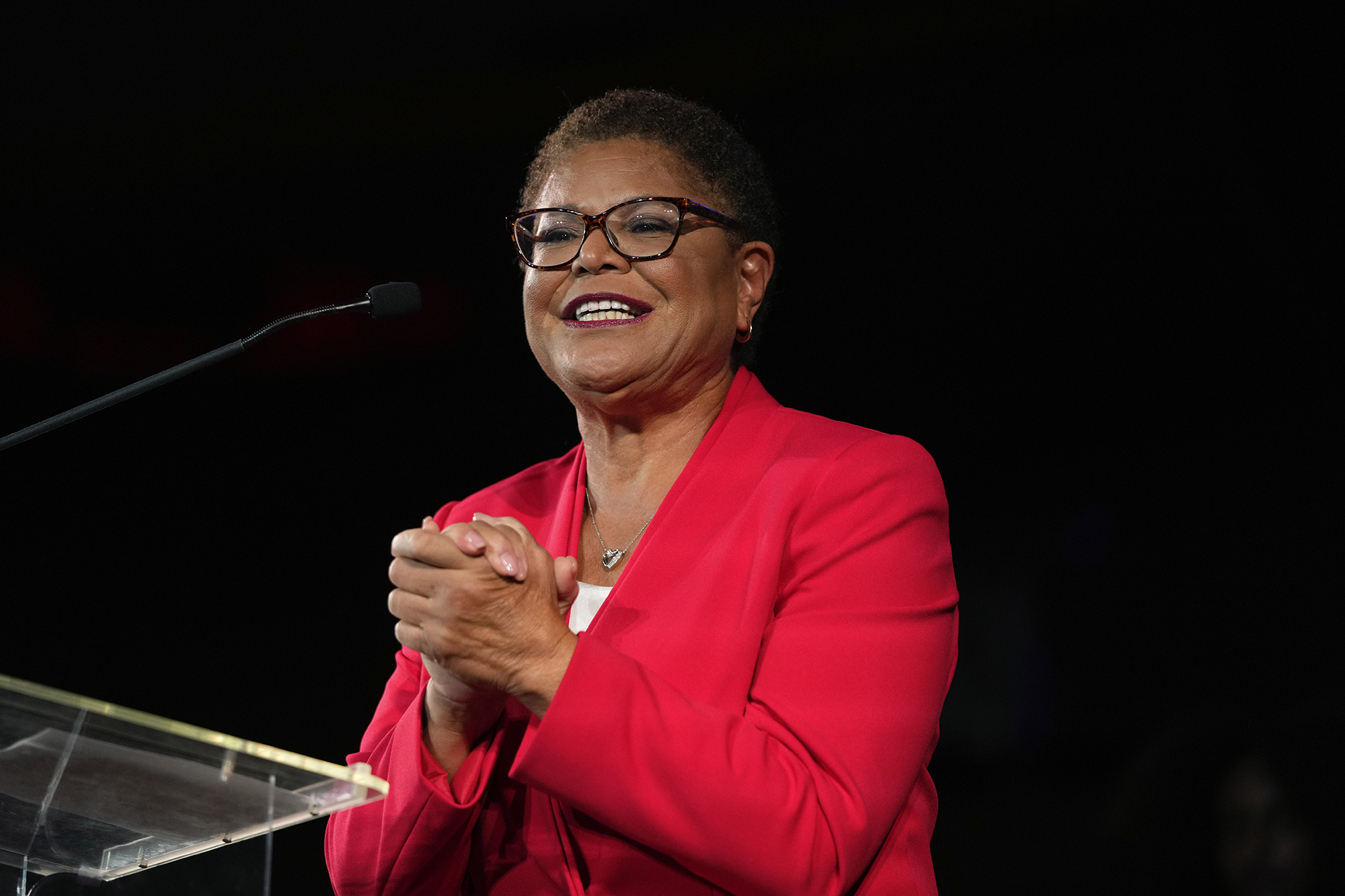 PHOTO: Los Angeles mayoral candidate Rep. Karen Bass speaks at an election night party in Los Angeles, Nov. 8, 2022. 