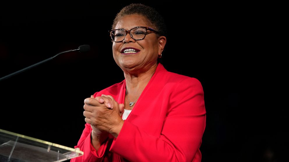 PHOTO: Los Angeles mayoral candidate Rep. Karen Bass speaks at an election night party in Los Angeles, Nov. 8, 2022. 
