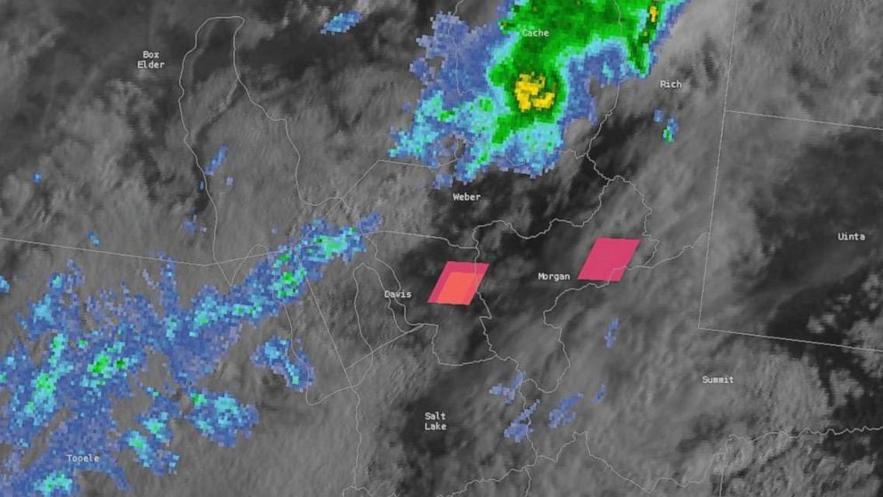 PHOTO: A GOES-17 Lightning Mapper provided by the NWS Salt Lake City Utah shows two reddish pixels over Davis and Morgan counties not associated with evidence of thunderstorm activity in satellite or radar and could indicate meteor trail or flash.