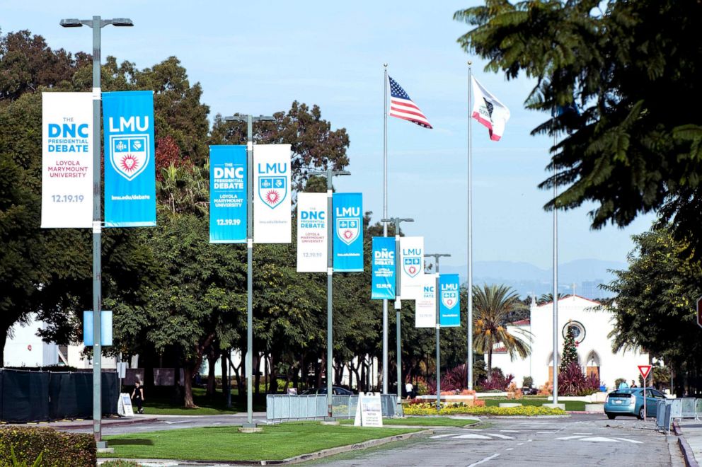 PHOTO: Signage for the sixth Democratic presidential candidates' debate at Loyola Marymount University in Los Angeles is seen, Dec. 15, 2019.