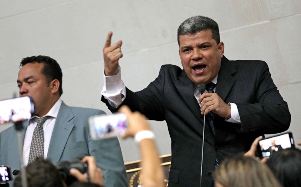 PHOTO: Lawmaker Luis Parra speaks during a swearing-in ceremony at Venezuela's National Assembly in Caracas, Venezuela, Jan. 5, 2020.