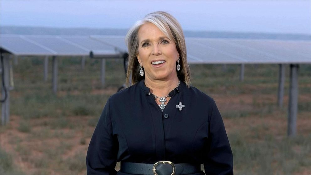 PHOTO: New Mexico Gov. Michelle Lujan Grisham speaks in front of solar panels during the Democratic National Convention on Aug. 19, 2020.