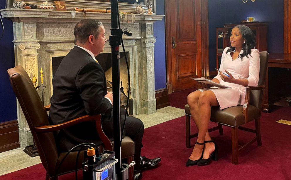 PHOTO: Rachel Scott interviews Sen Ben Ray Lujan, April 28, 2022, Washington, DC.
