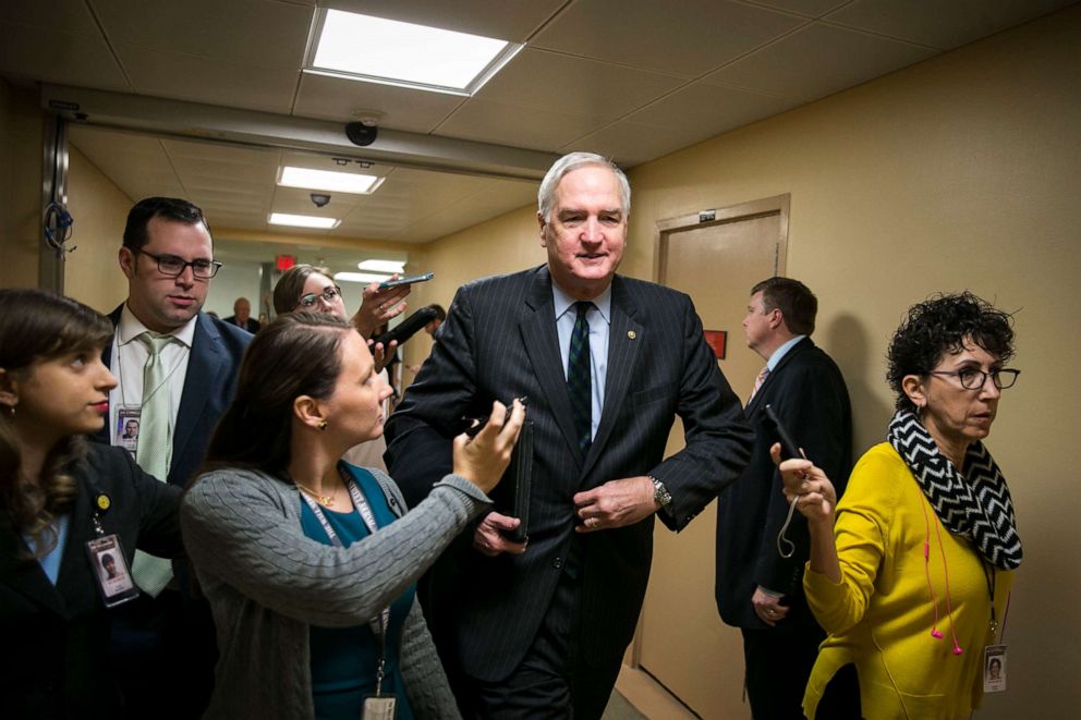 PHOTO: Sen. Luther Strange speaks with reporters as he arrives for the weekly Senate Republican's policy luncheon, on Capitol Hill, Dec. 12, 2017, in Washington.