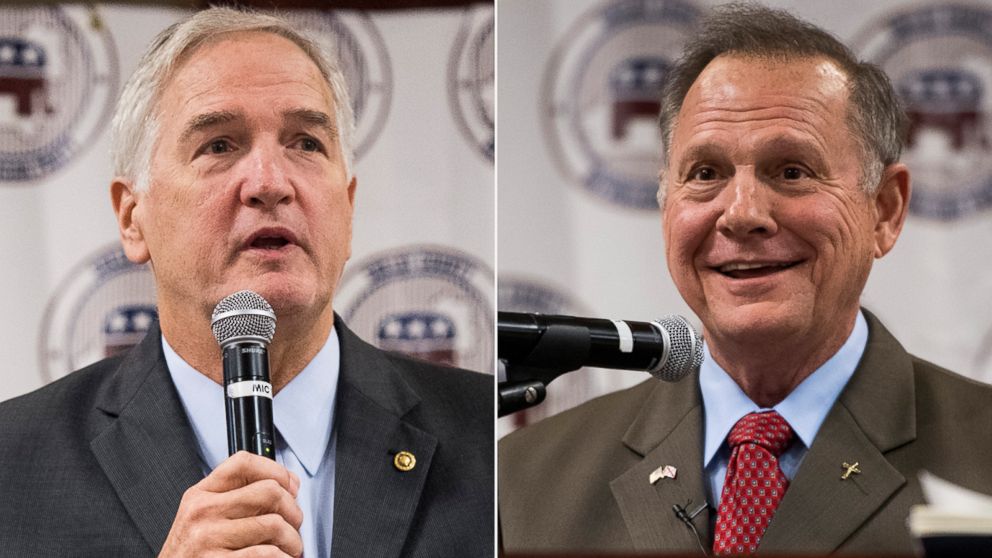 Luther Strange, left, and Roy Moore speak during the U.S. Senate candidate forum held by the Shelby County Republican Party in Pelham, Ala., Friday, Aug. 4, 2017.
