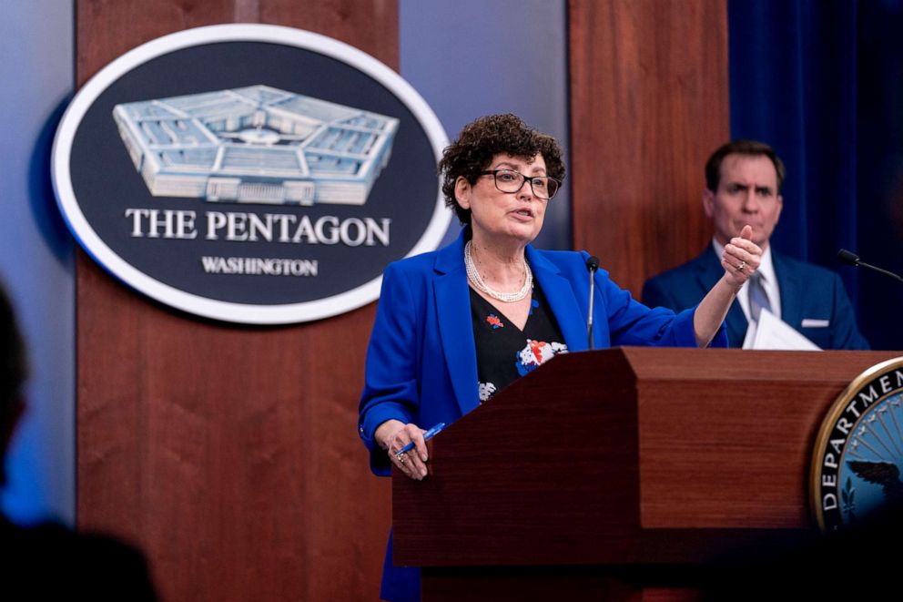 Lynn Rosenthal, chair of the Department of Defense 90-Day Independent Review Commission on Sexual Assault in the Military, accompanied by Pentagon spokesman John Kirby, right, speaks during a media briefing at the Pentagon on March 24, 2021.