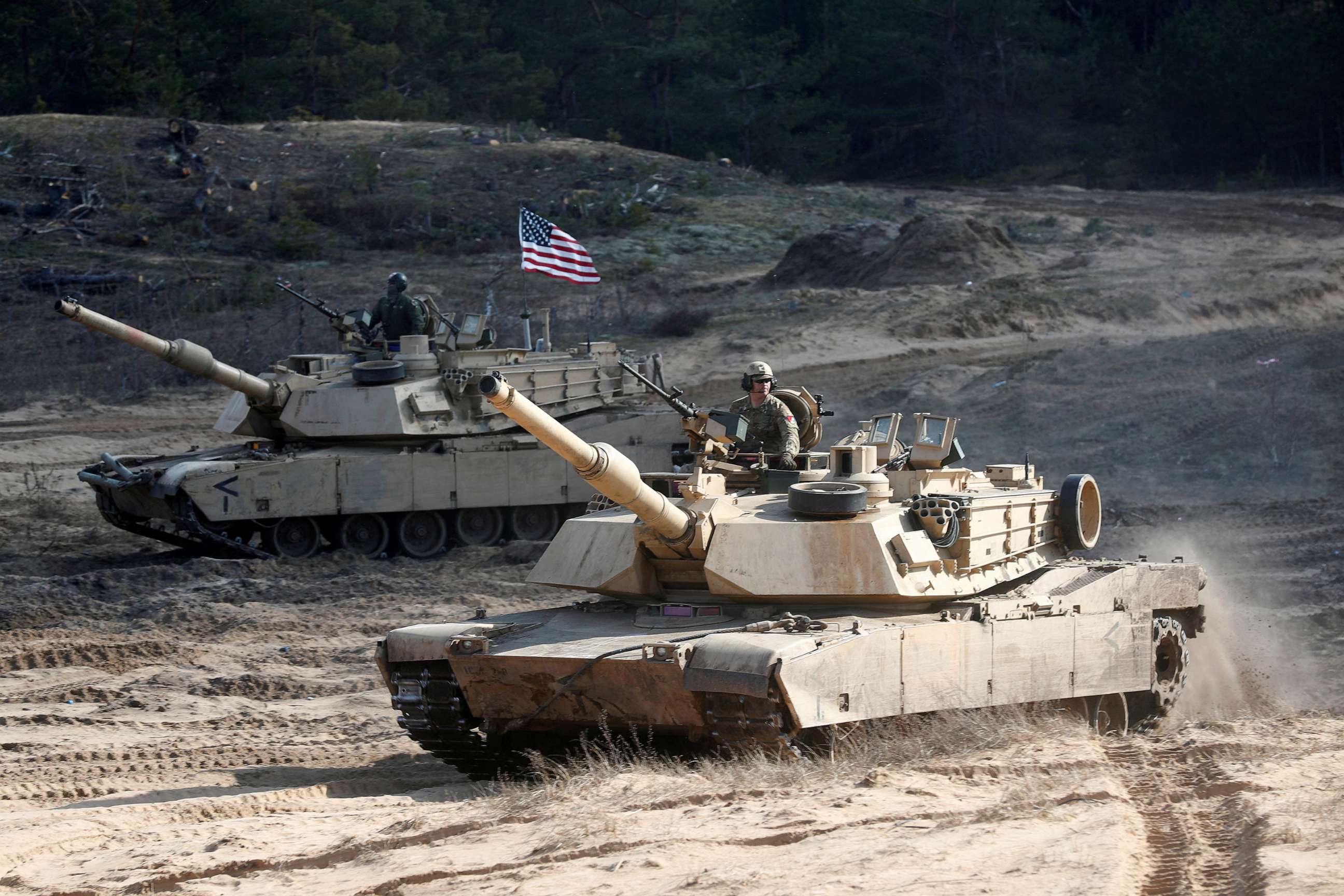 PHOTO: U.S. Army M1A1 Abrams tanks at a military exercise in Adazi, Latvia, March 26, 2021.