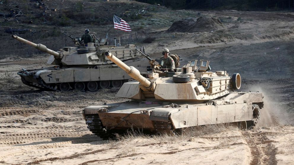 PHOTO: U.S. Army M1A1 Abrams tanks at a military exercise in Adazi, Latvia, March 26, 2021.
