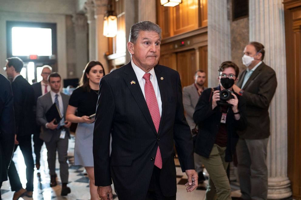 PHOTO:Sen. Joe Manchin arrives at the chamber before a procedural vote on the Women's Health Protection Act to codify the landmark 1973 Roe v. Wade decision that legalized abortion nationwide, at the Capitol in Washington, Wednesday, May 11, 2022.