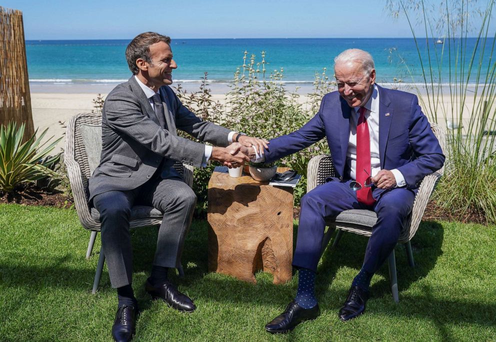 PHOTO: France's President Emmanuel Macron shakes hands with President Joe Biden during a bilateral meeting at the G7 summit in Carbis Bay, Cornwall, Britain, June 12, 2021.
