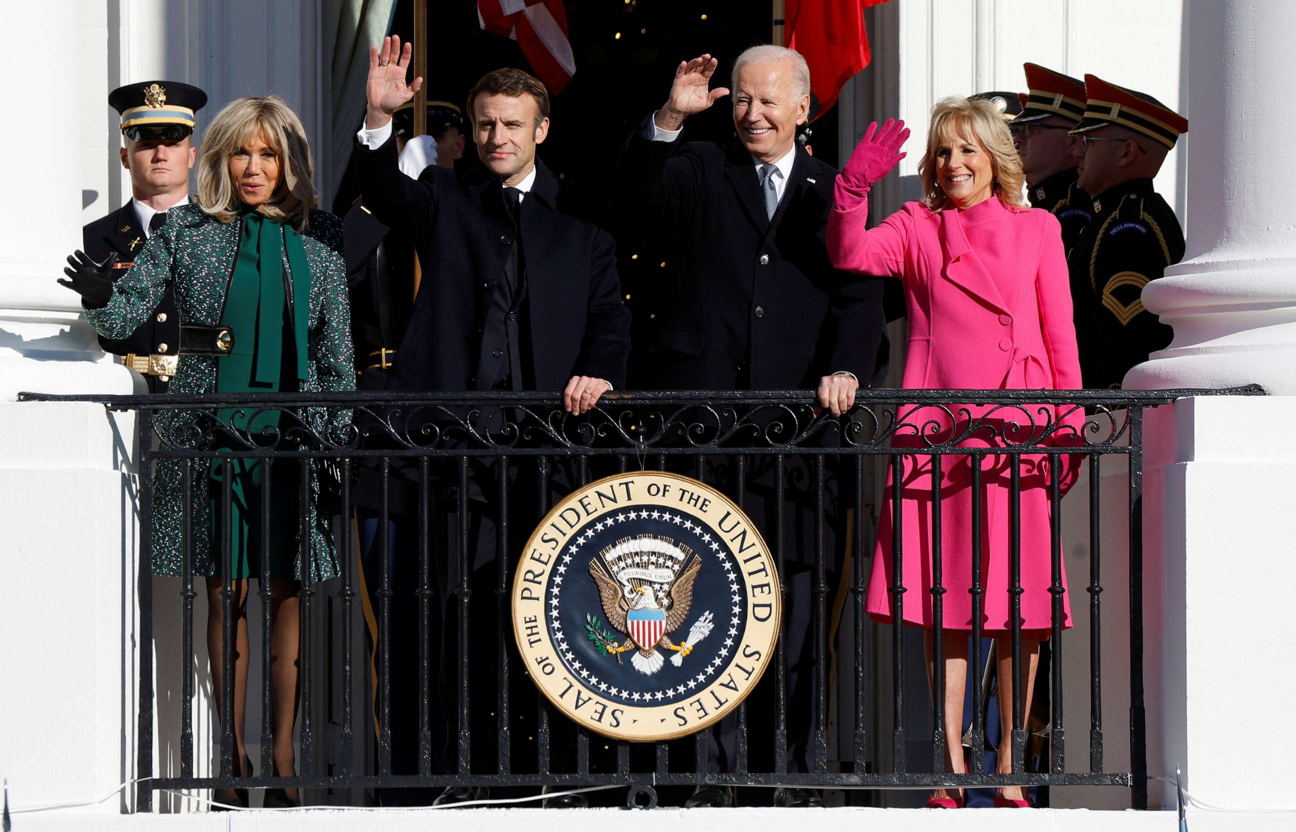 PHOTO: French President Emmanuel Macron and U.S. President Joe Biden with their wives Brigitte Macron and U.S. first lady Jill Biden on the Truman Balcony after an official State Arrival Ceremony for Macron at the White House in Washington, Dec. 1, 2022.