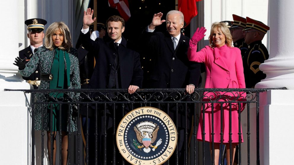 PHOTO: French President Emmanuel Macron and U.S. President Joe Biden with their wives Brigitte Macron and U.S. first lady Jill Biden on the Truman Balcony after an official State Arrival Ceremony for Macron at the White House in Washington, Dec. 1, 2022.