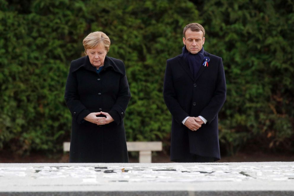 PHOTO: German Chancellor Angela Merkel and French President Emmanuel Macron after unveiling a plaque in the Clairiere of Rethondes during a commemoration ceremony for Armistice Day, France, Nov. 10, 2018. 