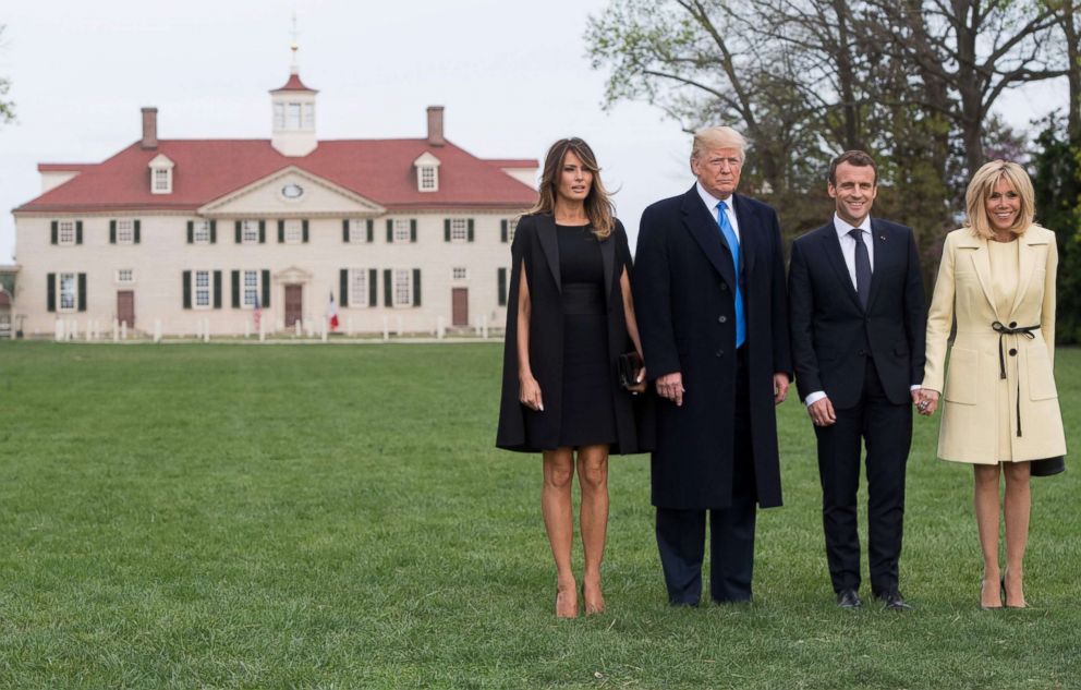 PHOTO: First lady Melania Trump, President Donald Trump, French President Emmanuel Macron and his wife first lady Brigitte Macron arrive at Mount Vernon, the estate of the first US President George Washington, in Mount Vernon, Va., April 23, 2018. 