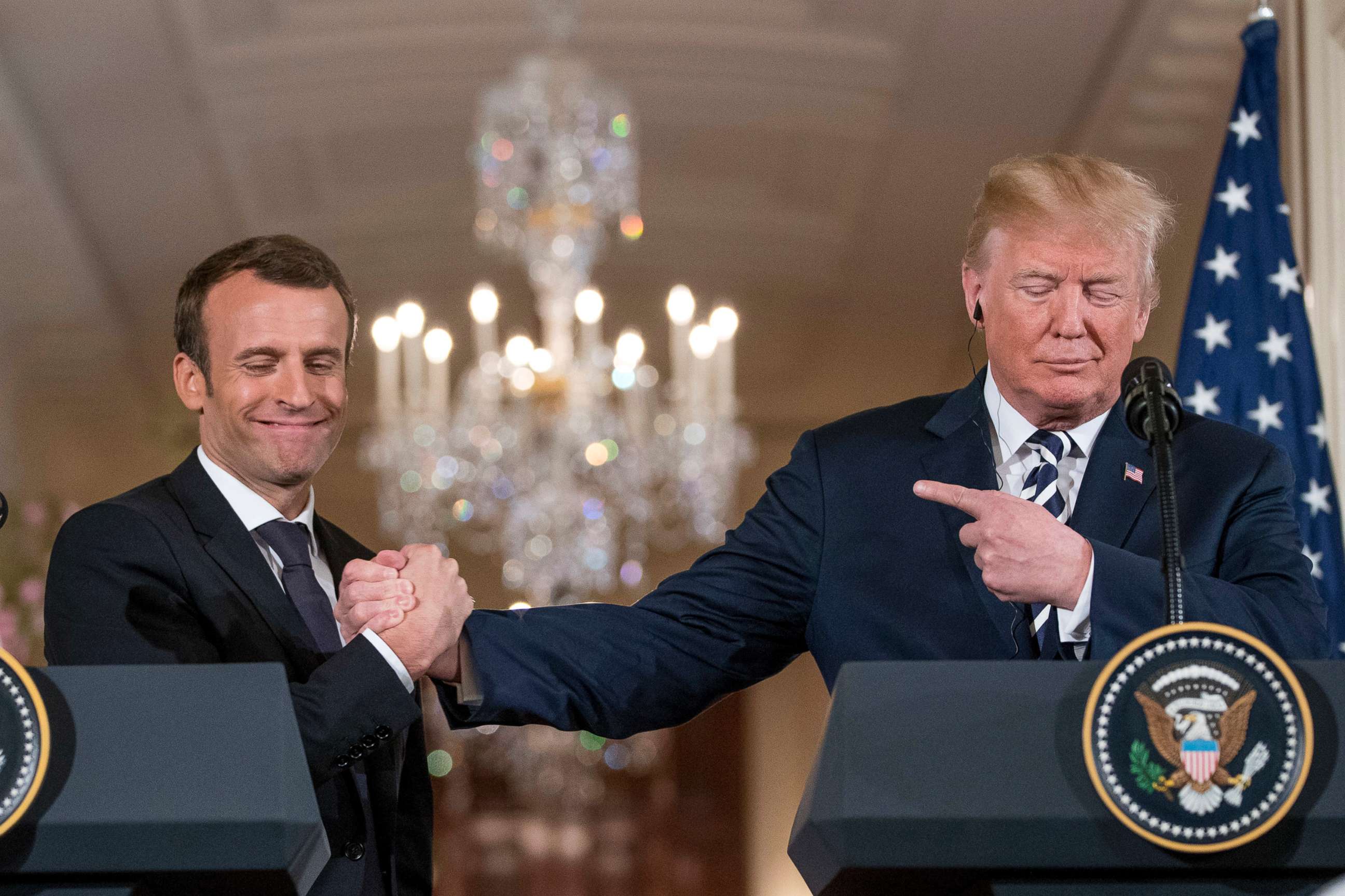 PHOTO: President Donald Trump and French President Emmanuel Macron shake hands during a news conference in the East Room of the White House in Washington, April 24, 2018. 