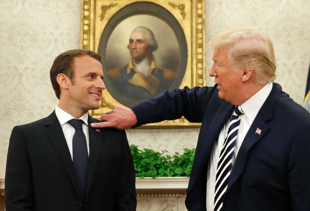 PHOTO: President Donald Trump, right, gestures towards French President Emmanuel Macron during their meeting in the Oval Office following the official arrival ceremony for Macron at the White House in Washington, April 24, 2018.