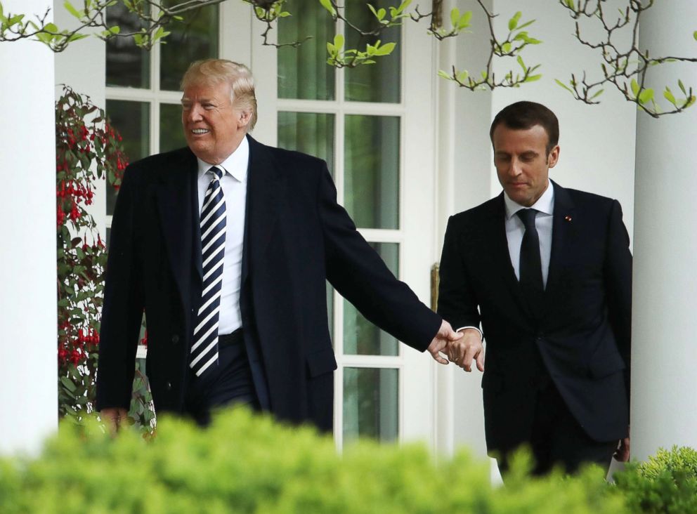 PHOTO: President Donald Trump and French President Emmanuel Macron walk to the Oval Office after an arrival ceremony at the White House, April 24, 2018, in Washington, D.C.