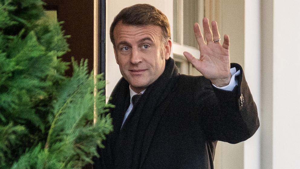 PHOTO: French President Emmanuel Macron waves to the press as he arrives at the White House in Washington, DC, on Feb. 24, 2025.