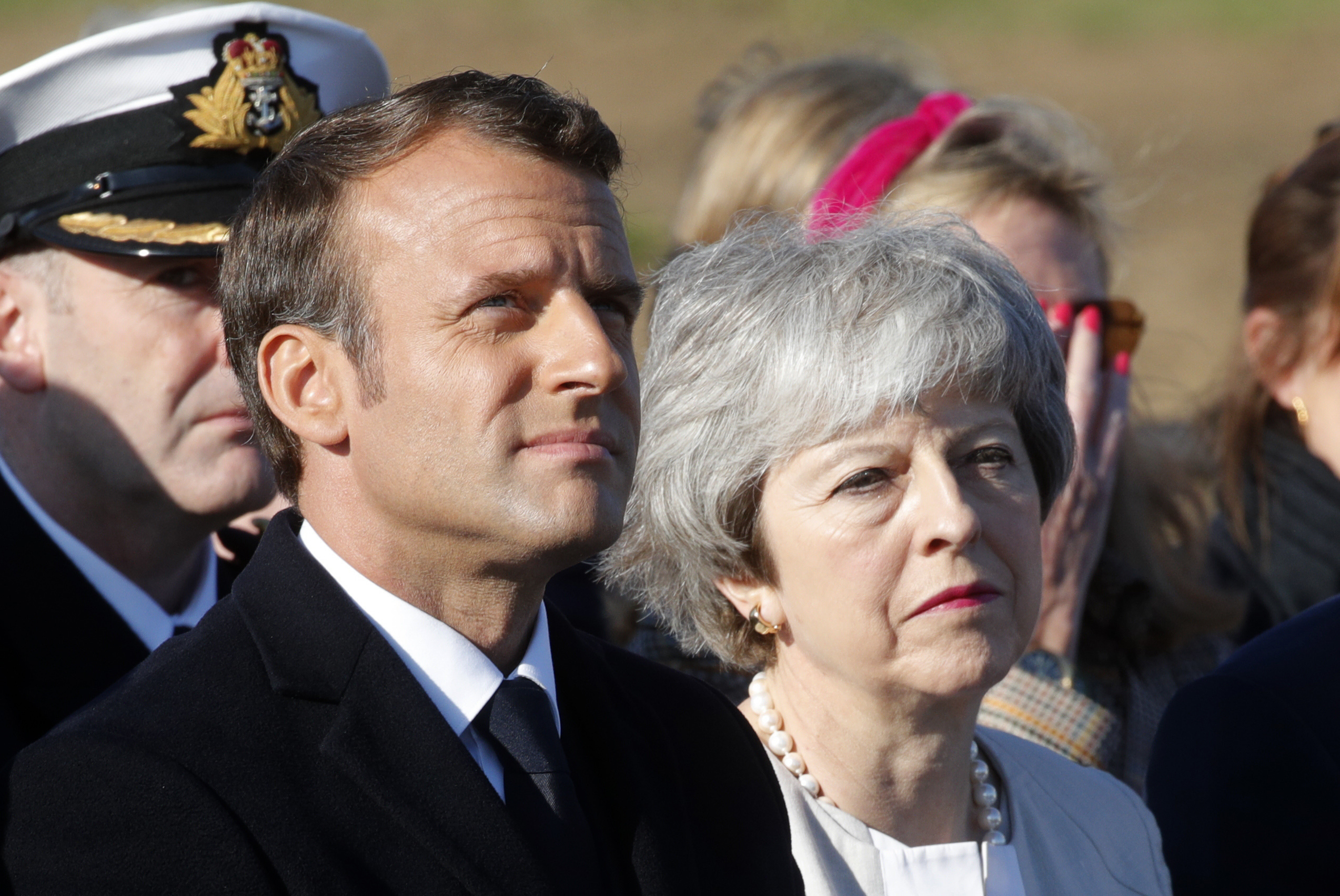 PHOTO: British Prime Minister Theresa May and French President Emmanuel Macron attend a Franco-British ceremony to mark the 75th anniversary of D-Day landings.
