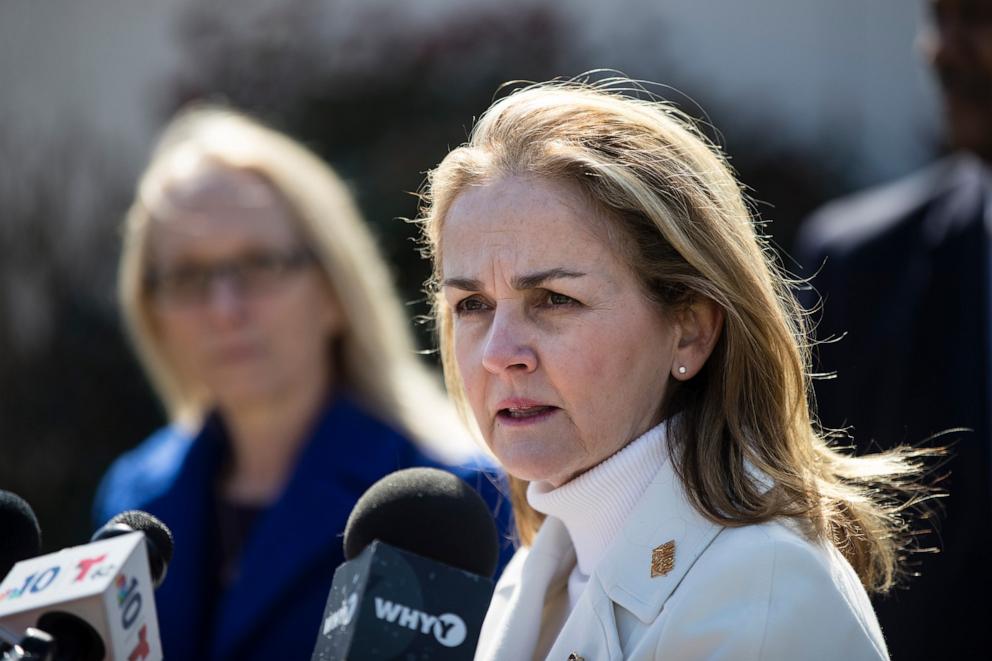 PHOTO: Rep. Madeleine Dean, D-Pa., right, speaks during a news conference as Rep. Mary Gay Scanlon, D-Pa. listens at the Philly Shipyard in Philadelphia, March 19, 2019.