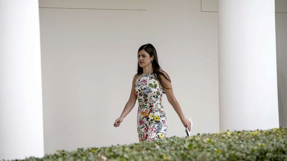 PHOTO: Madeleine Westerhout, director of Oval Office Operations, walks through the Colonnade of the White House, March 25, 2019.