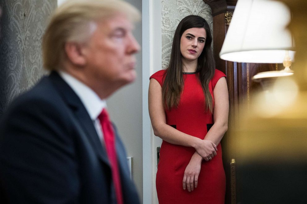 PHOTO: Madeleine Westerhout watches as President Donald Trump speaks during a meeting with North Korean defectors in the Oval Office, Feb. 02, 2018.