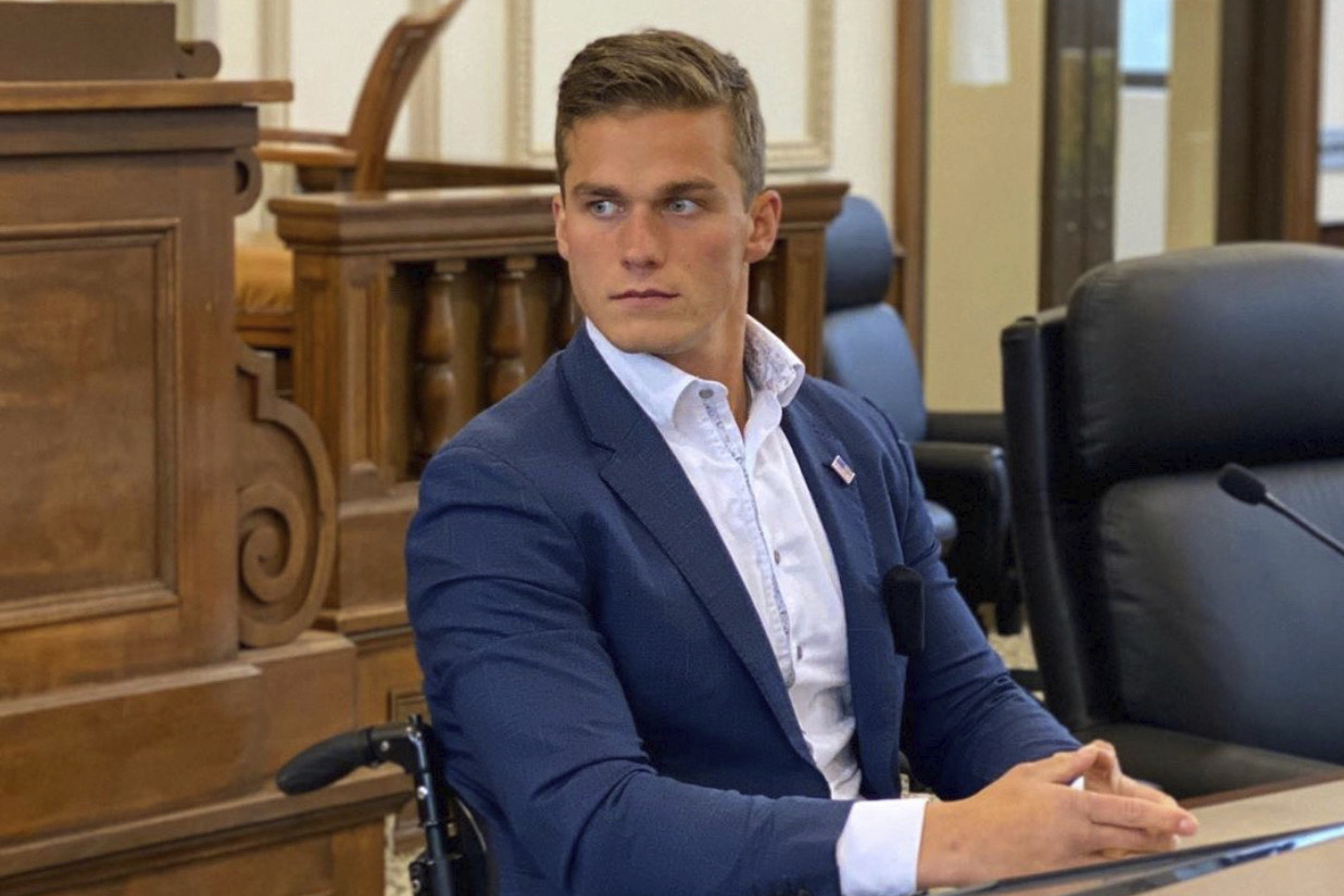 PHOTO: In this undated photo made available by Stephen Smith, GOP primary candidate Madison Cawthorn participates in a debate at the Haywood County Courthouse in Waynesville, N.C. Cawthorn, 24, defeated the preferred candidate of President Donald Trump.